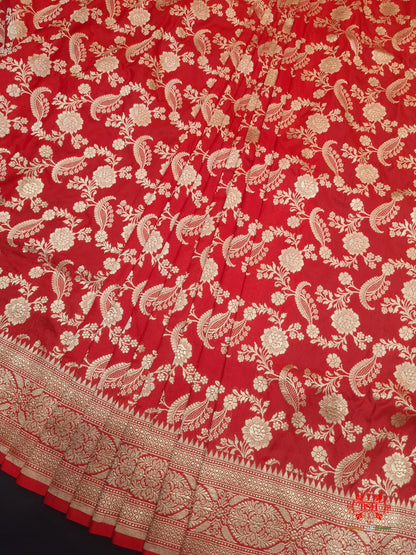 Handloom Banarasi Pure Katan Silk Floral Jaal In Shades Of Red - Bharat Silk House Pure Kataan Silk