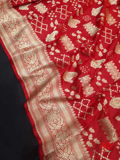 Handloom Banarasi Pure Katan Silk Floral Jaal In Shades Of Red - Bharat Silk House Pure Kataan Silk