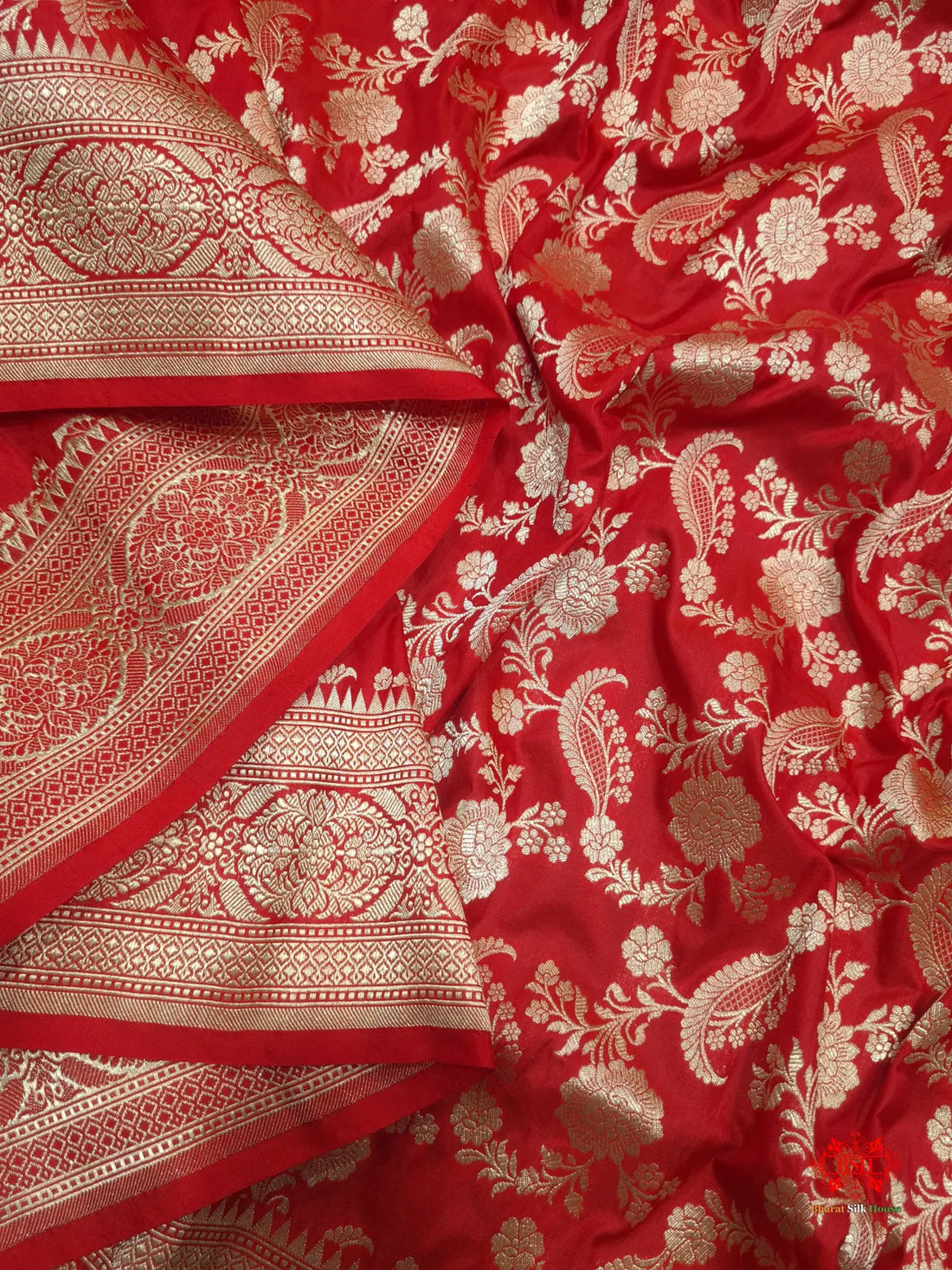 Handloom Banarasi Pure Katan Silk Floral Jaal In Shades Of Red - Bharat Silk House Pure Kataan Silk