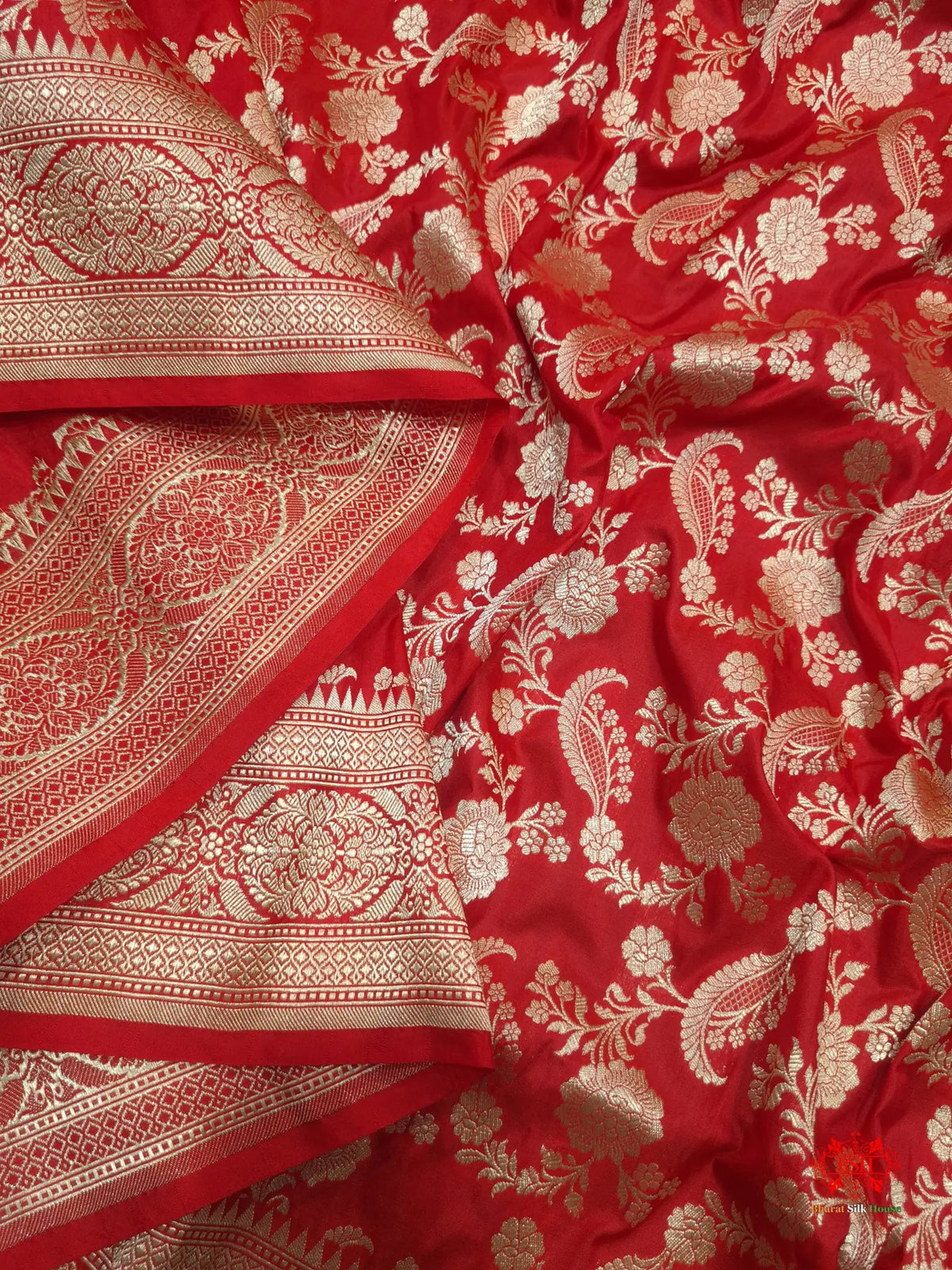 Handloom Banarasi Pure Katan Silk Floral Jaal In Shades Of Red - Bharat Silk House Pure Kataan Silk