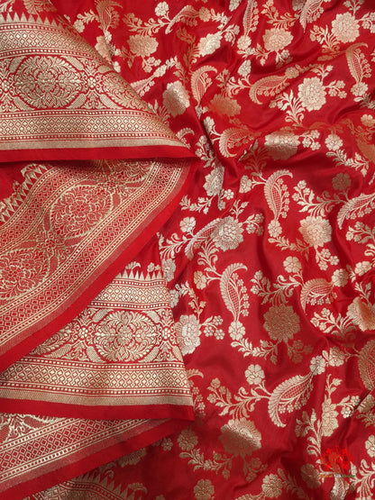 Handloom Banarasi Pure Katan Silk Floral Jaal In Shades Of Red - Bharat Silk House Pure Kataan Silk