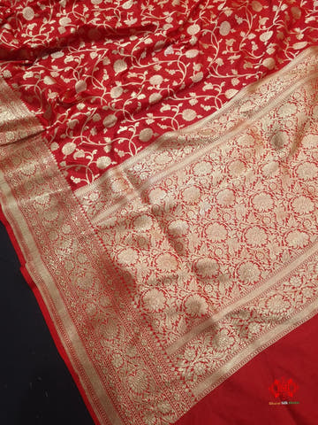 Handloom Banarasi Pure Katan Silk Floral Jaal In Shades Of Red - Bharat Silk House Pure Kataan Silk