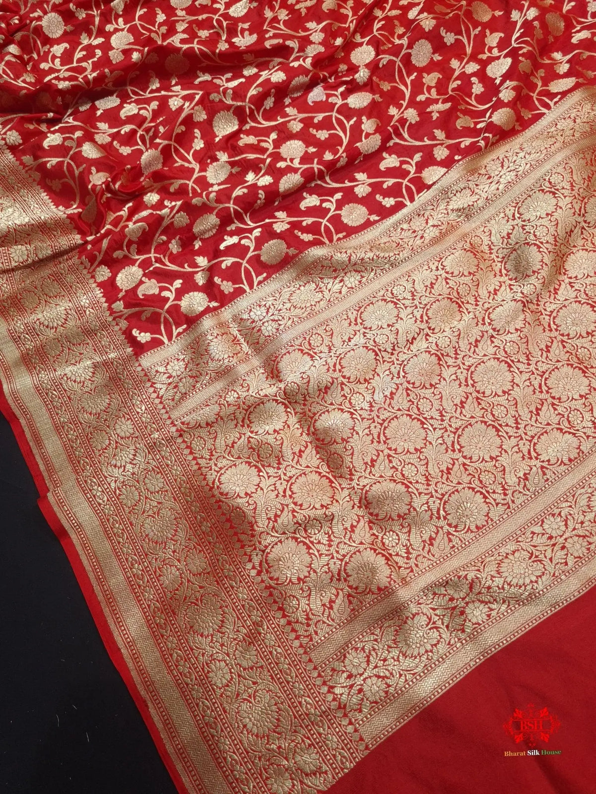 Handloom Banarasi Pure Katan Silk Floral Jaal In Shades Of Red - Bharat Silk House Pure Kataan Silk