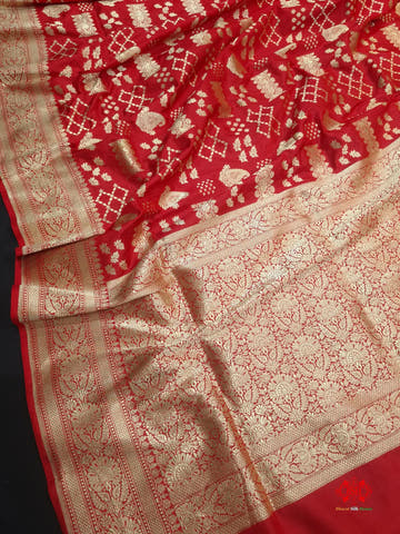 Handloom Banarasi Pure Katan Silk Floral Jaal In Shades Of Red - Bharat Silk House Pure Kataan Silk