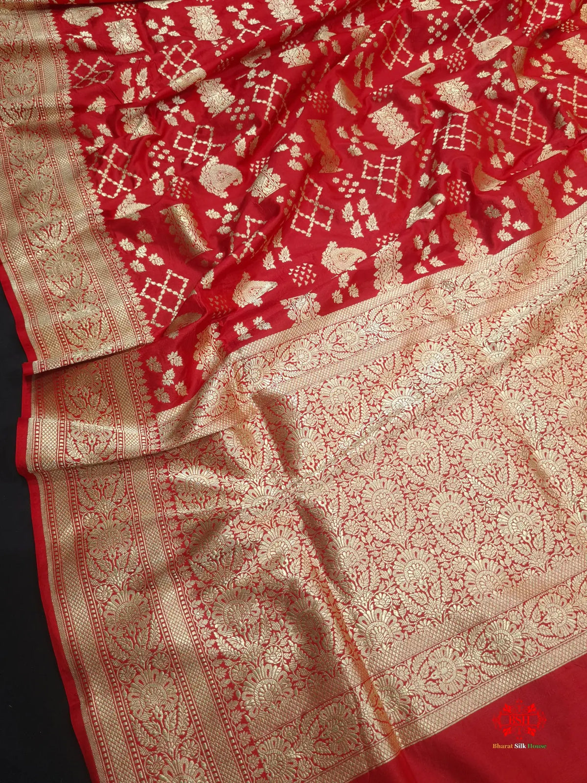 Handloom Banarasi Pure Katan Silk Floral Jaal In Shades Of Red - Bharat Silk House Pure Kataan Silk