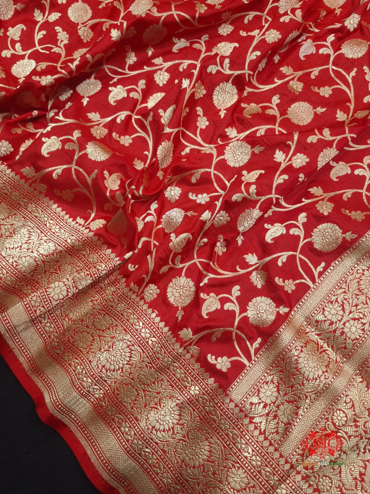 Handloom Banarasi Pure Katan Silk Floral Jaal In Shades Of Red - Bharat Silk House Pure Kataan Silk