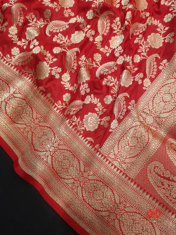Handloom Banarasi Pure Katan Silk Floral Jaal In Shades Of Red - Bharat Silk House Pure Kataan Silk