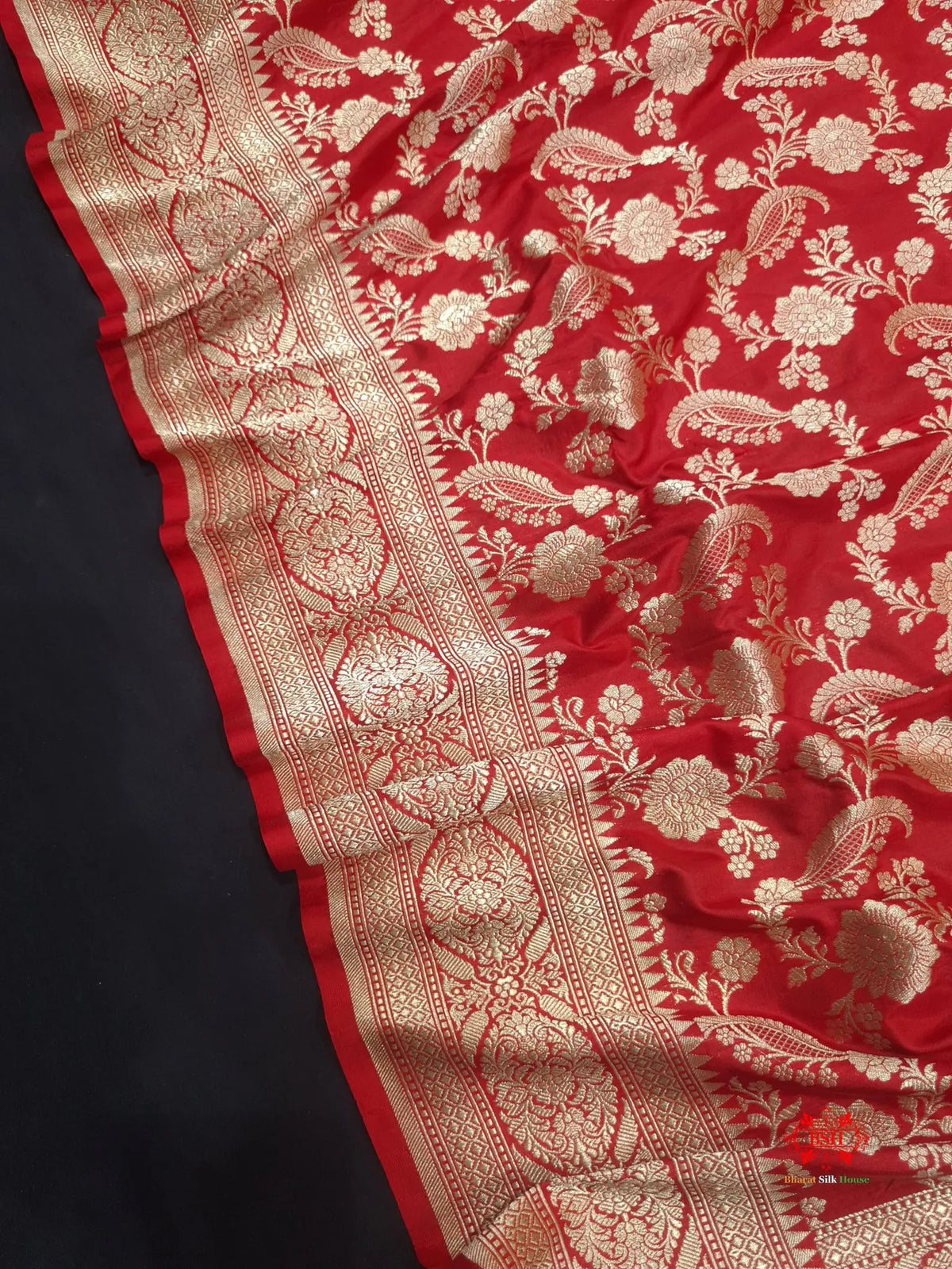 Handloom Banarasi Pure Katan Silk Floral Jaal In Shades Of Red - Bharat Silk House Pure Kataan Silk