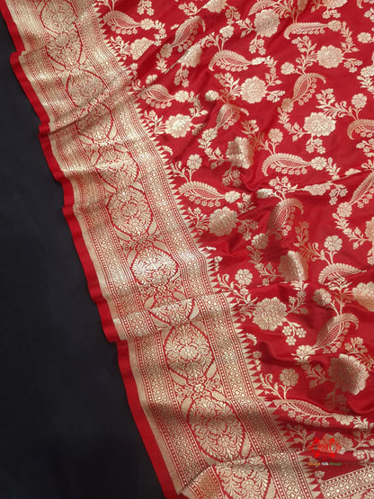 Handloom Banarasi Pure Katan Silk Floral Jaal In Shades Of Red - Bharat Silk House Pure Kataan Silk