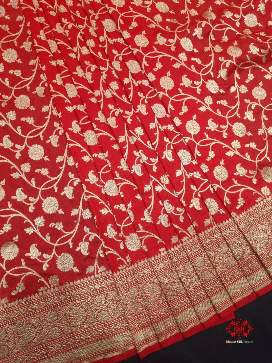 Handloom Banarasi Pure Katan Silk Floral Jaal In Shades Of Red - Bharat Silk House Pure Kataan Silk