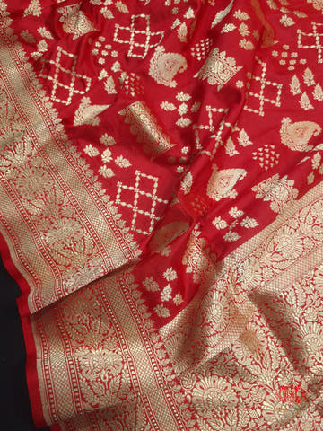 Handloom Banarasi Pure Katan Silk Floral Jaal In Shades Of Red - Bharat Silk House Pure Kataan Silk