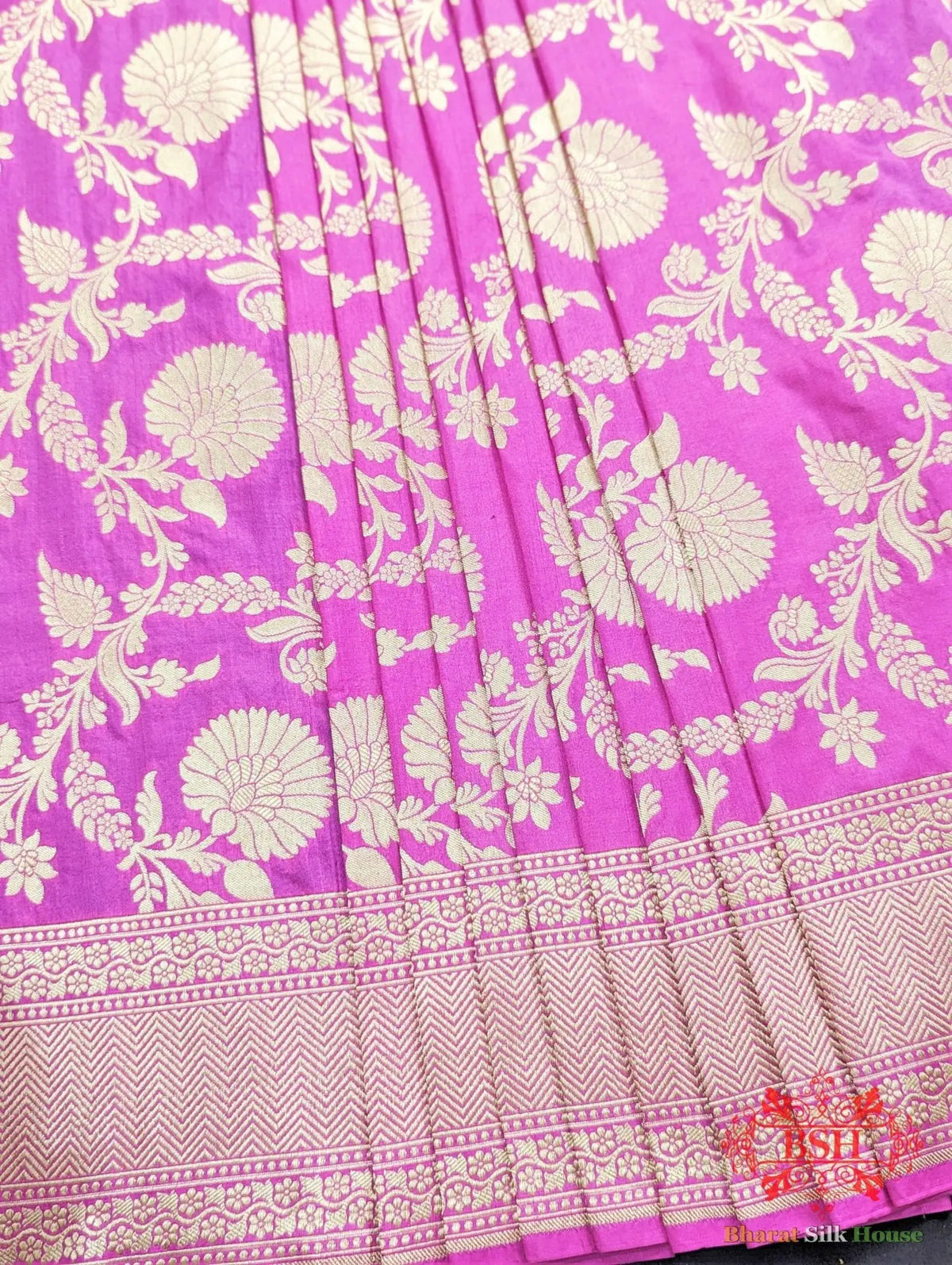Handloom Banarasi Pure Katan Silk Floral Jaal Saree In Shades Of Gazari - Bharat Silk House Pure Kataan Silk
