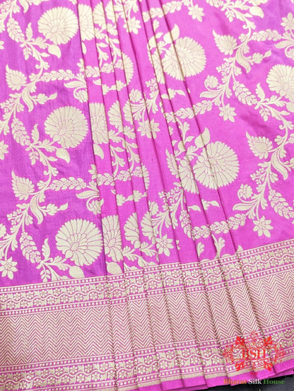 Handloom Banarasi Pure Katan Silk Floral Jaal Saree In Shades Of Gazari - Bharat Silk House Pure Kataan Silk