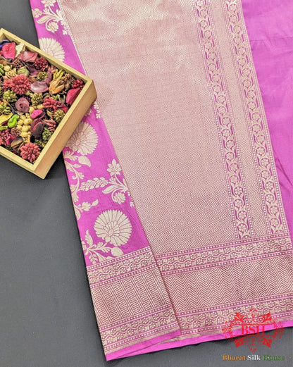 Handloom Banarasi Pure Katan Silk Floral Jaal Saree In Shades Of Gazari - Bharat Silk House Pure Kataan Silk