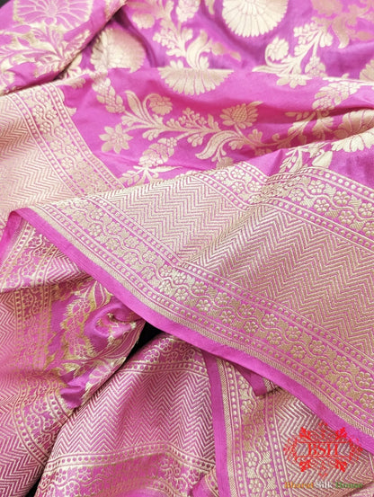 Handloom Banarasi Pure Katan Silk Floral Jaal Saree In Shades Of Gazari - Bharat Silk House Pure Kataan Silk