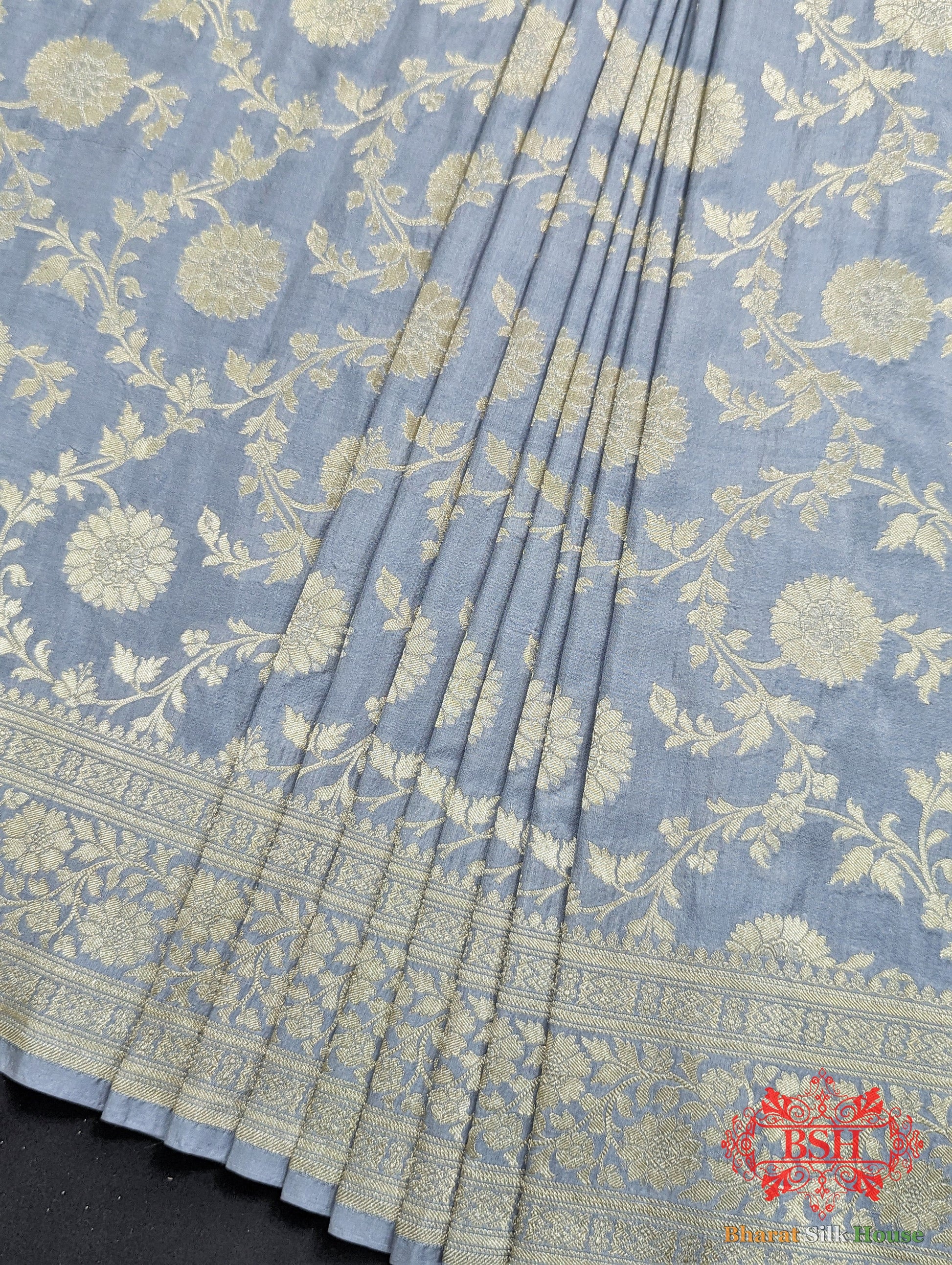 Handloom Banarasi Pure Katan Silk Floral Jaal Saree In Shades Of Grey - Bharat Silk House