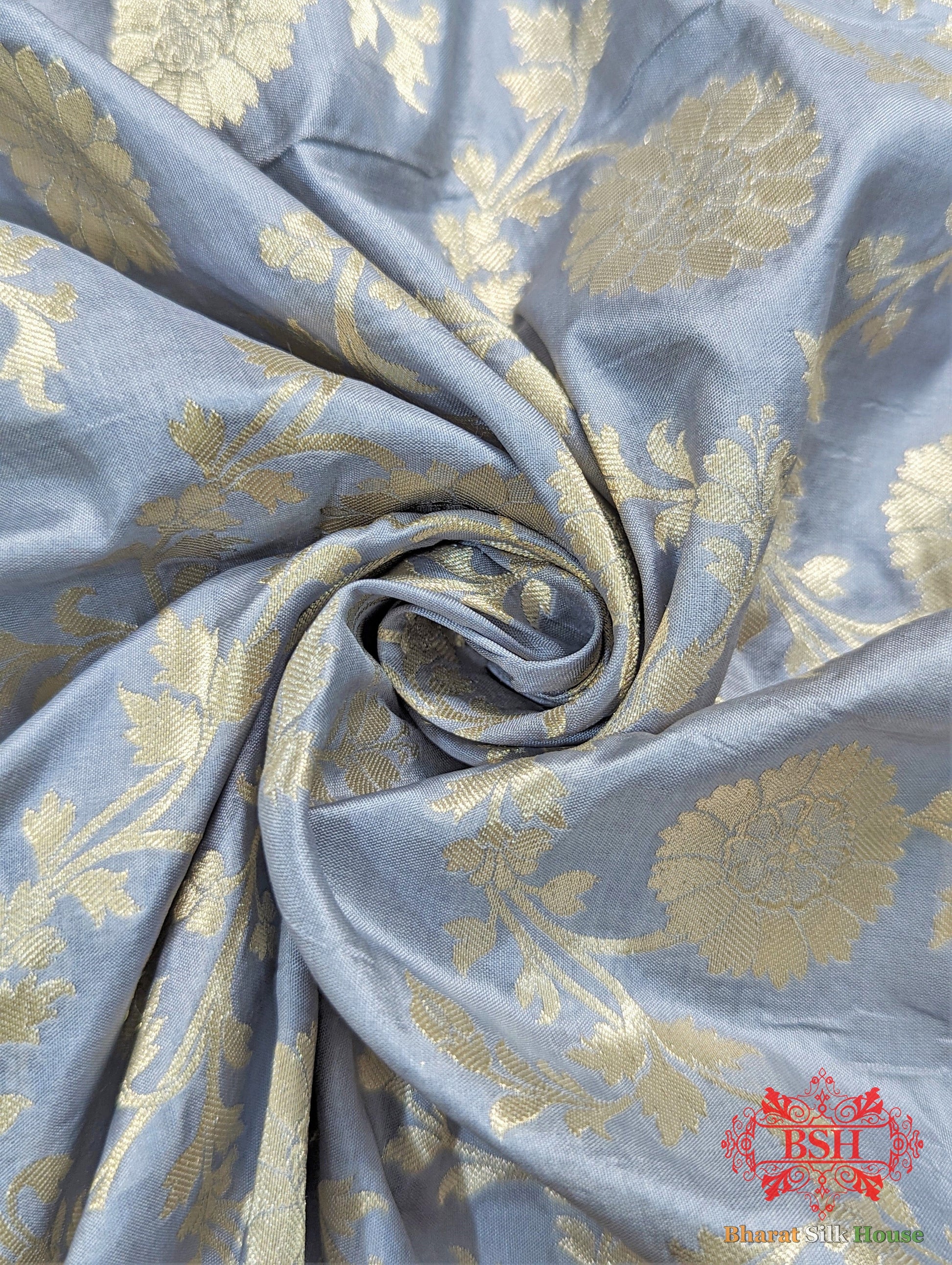 Handloom Banarasi Pure Katan Silk Floral Jaal Saree In Shades Of Grey - Bharat Silk House