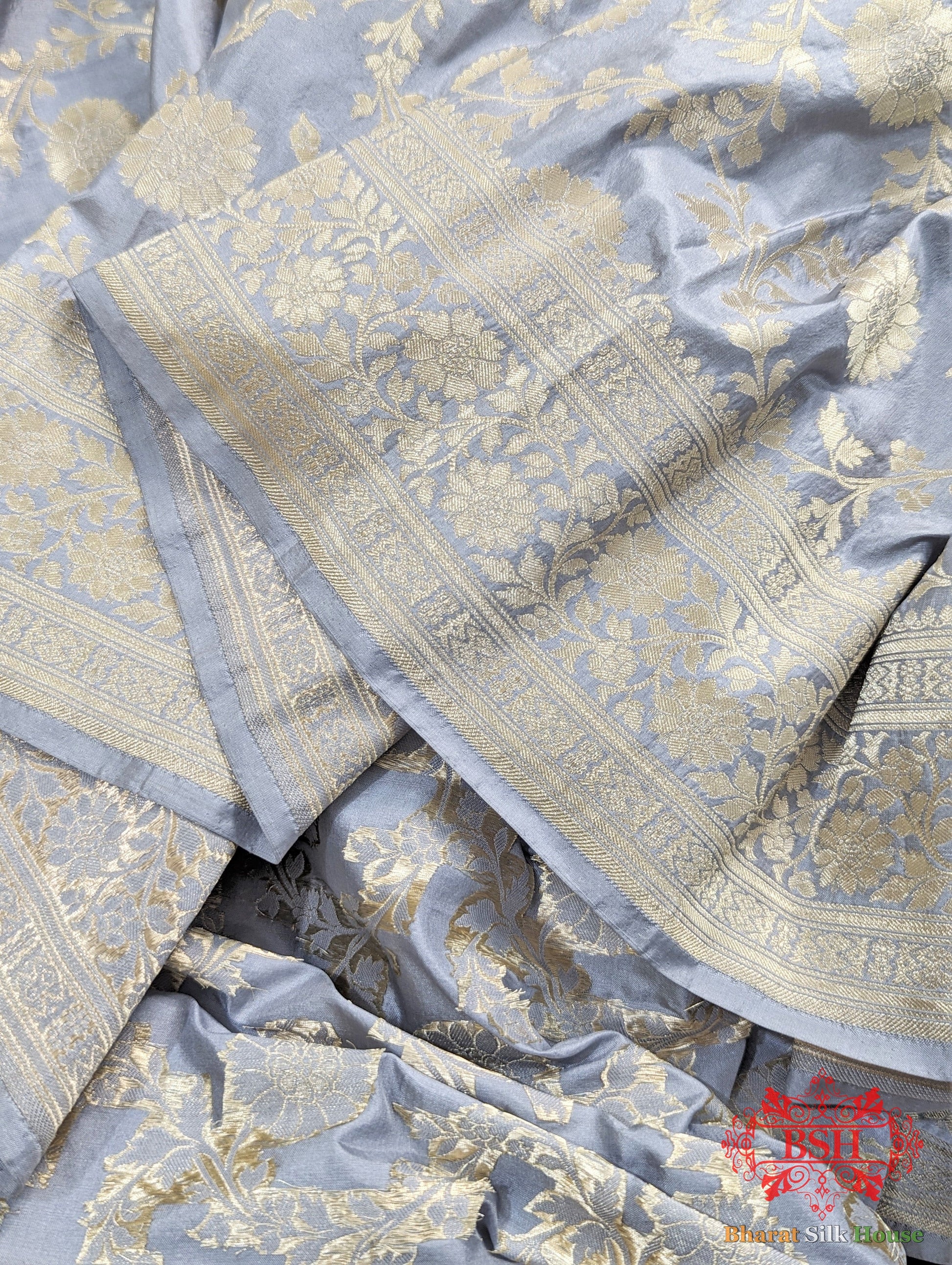 Handloom Banarasi Pure Katan Silk Floral Jaal Saree In Shades Of Grey - Bharat Silk House