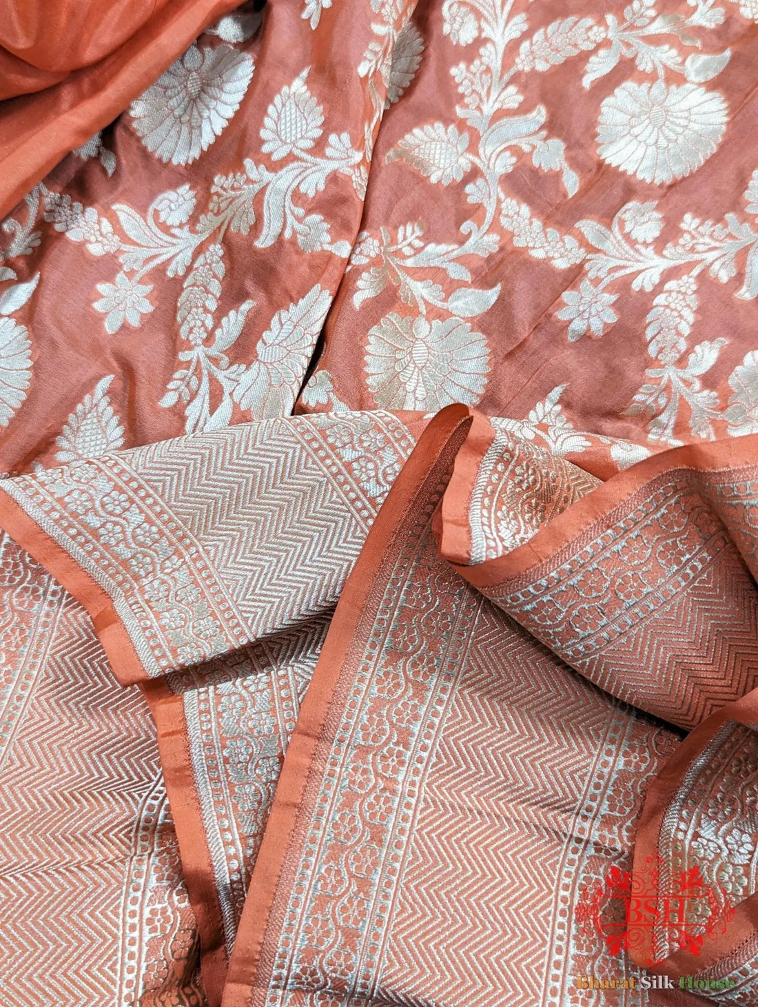 Handloom Banarasi Pure Katan Silk Floral Jaal Saree In Shades Of Peach - Bharat Silk House Pure Kataan Silk