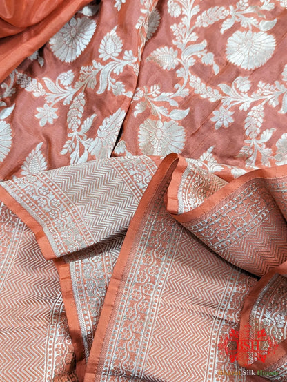 Handloom Banarasi Pure Katan Silk Floral Jaal Saree In Shades Of Peach - Bharat Silk House Pure Kataan Silk