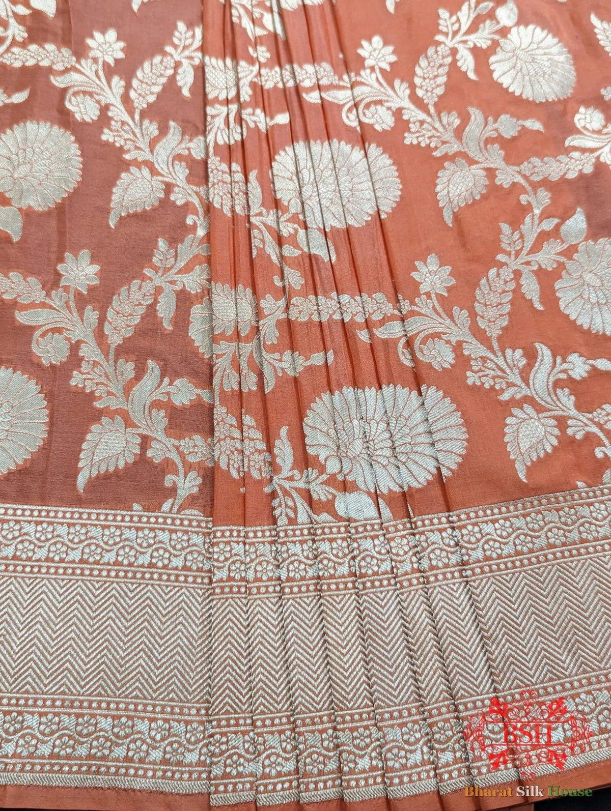Handloom Banarasi Pure Katan Silk Floral Jaal Saree In Shades Of Peach - Bharat Silk House Pure Kataan Silk