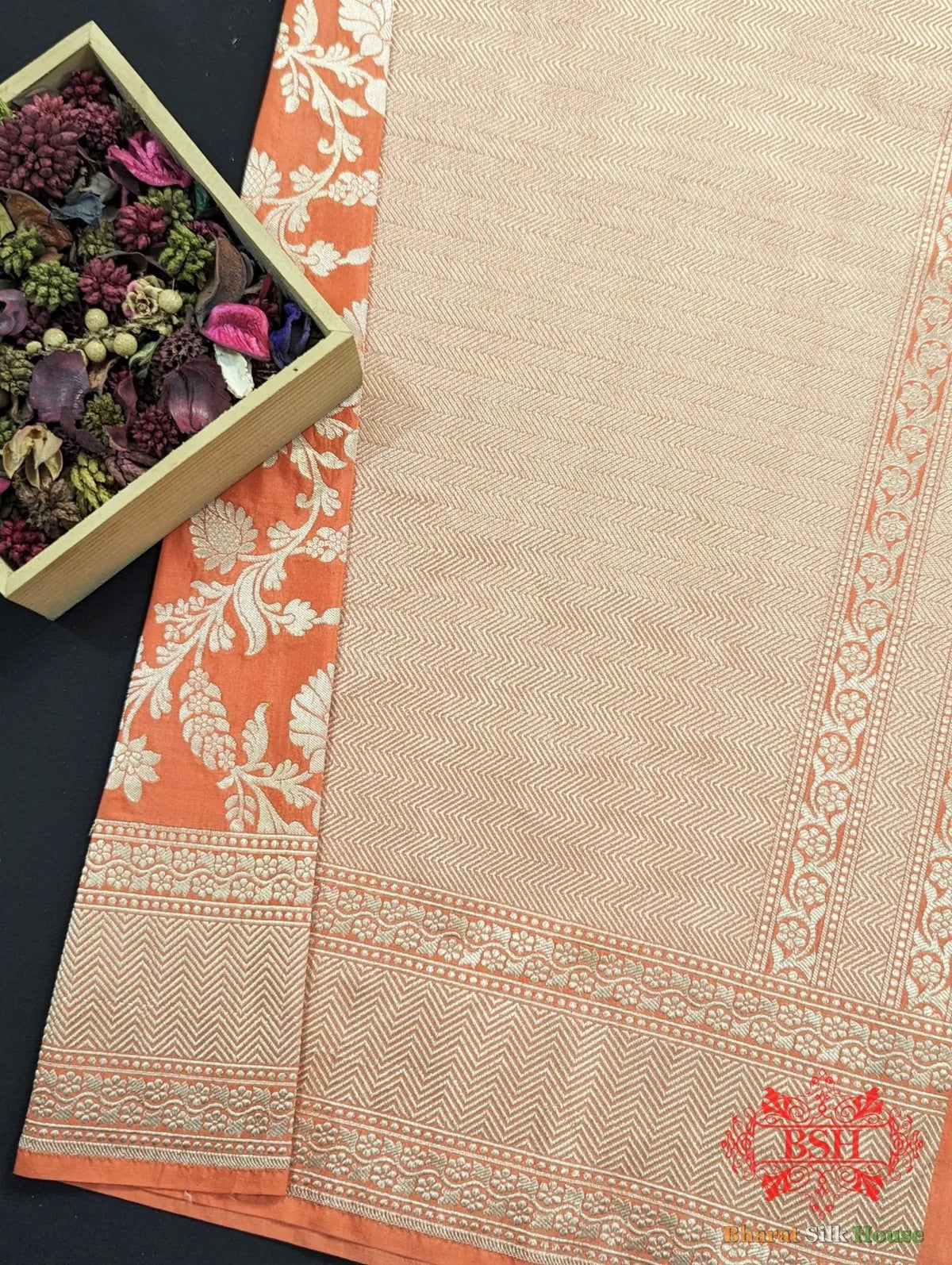 Handloom Banarasi Pure Katan Silk Floral Jaal Saree In Shades Of Peach - Bharat Silk House Pure Kataan Silk