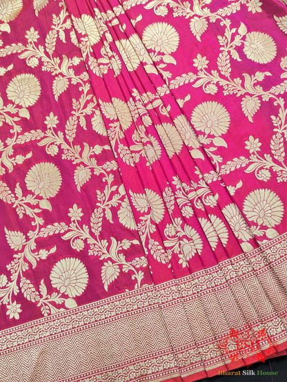 Handloom Banarasi Pure Katan Silk Floral Jaal Saree In Shades Of Pink/Orange Color - Bharat Silk House