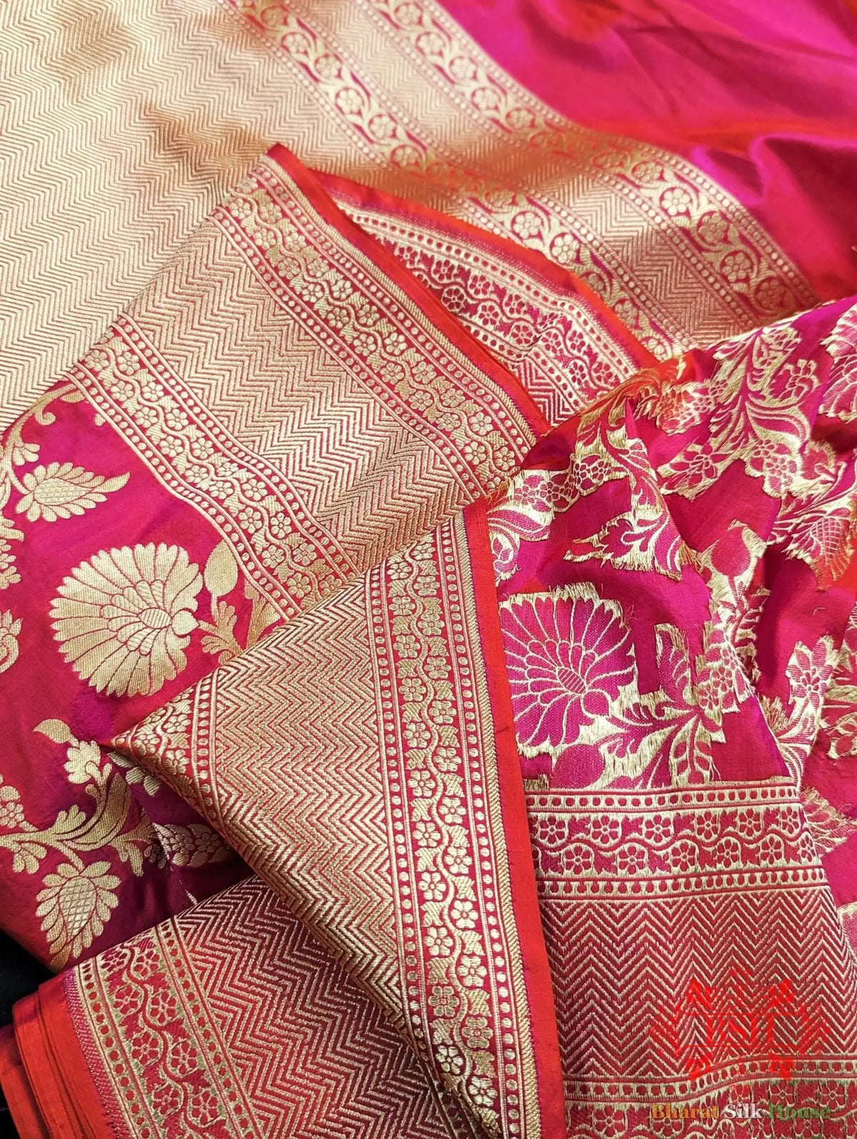 Handloom Banarasi Pure Katan Silk Floral Jaal Saree In Shades Of Pink/Orange Color - Bharat Silk House Pure Kataan Silk