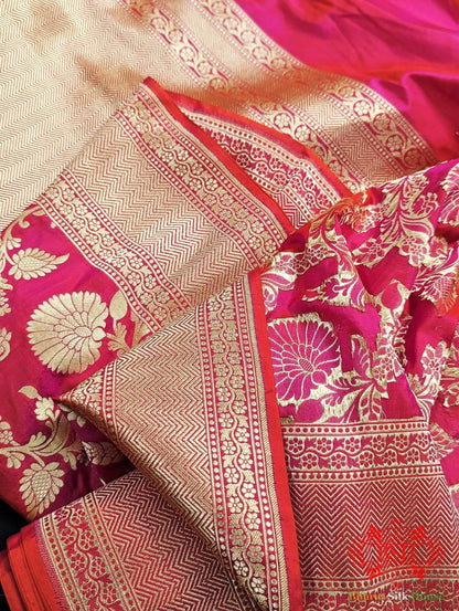 Handloom Banarasi Pure Katan Silk Floral Jaal Saree In Shades Of Pink/Orange Color - Bharat Silk House Pure Kataan Silk