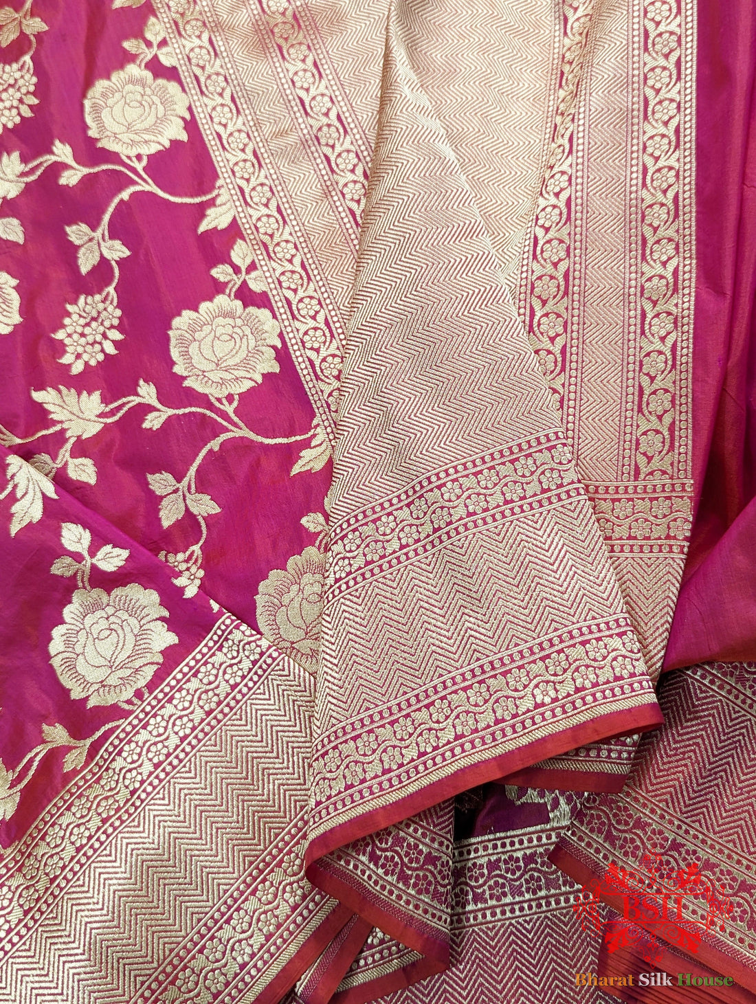 Handloom Banarasi Pure Katan Silk Floral Jaal Saree In Shades Of Rani/Orange Cross Color - Bharat Silk House