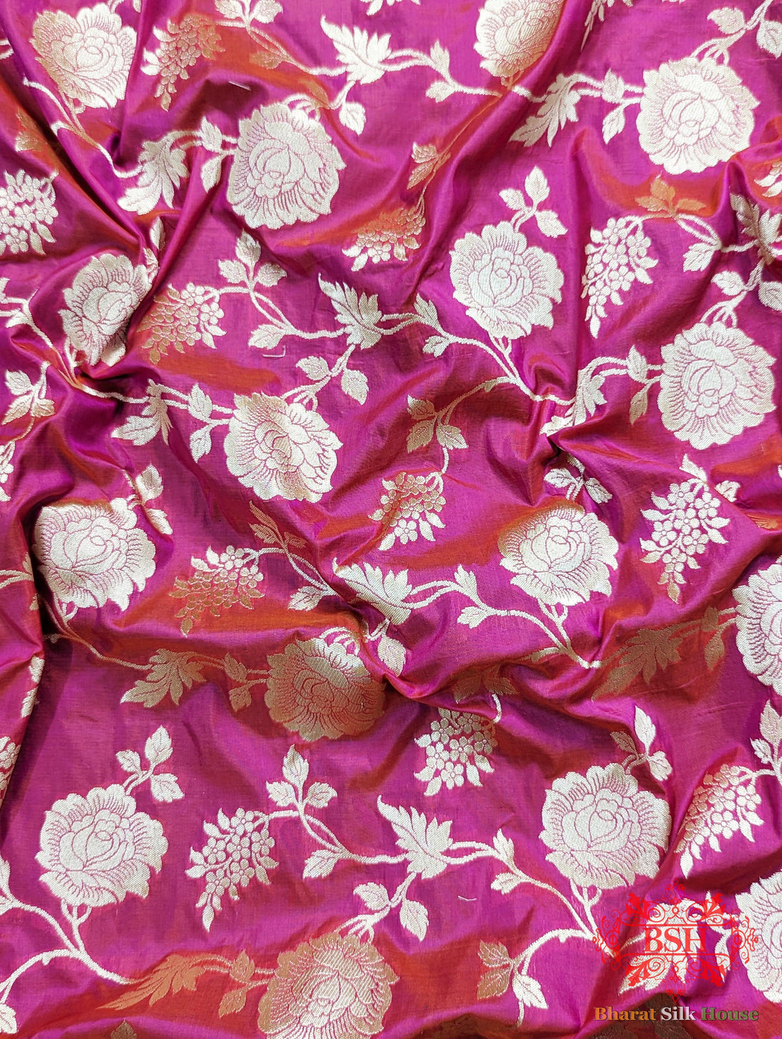 Handloom Banarasi Pure Katan Silk Floral Jaal Saree In Shades Of Rani/Orange Cross Color - Bharat Silk House