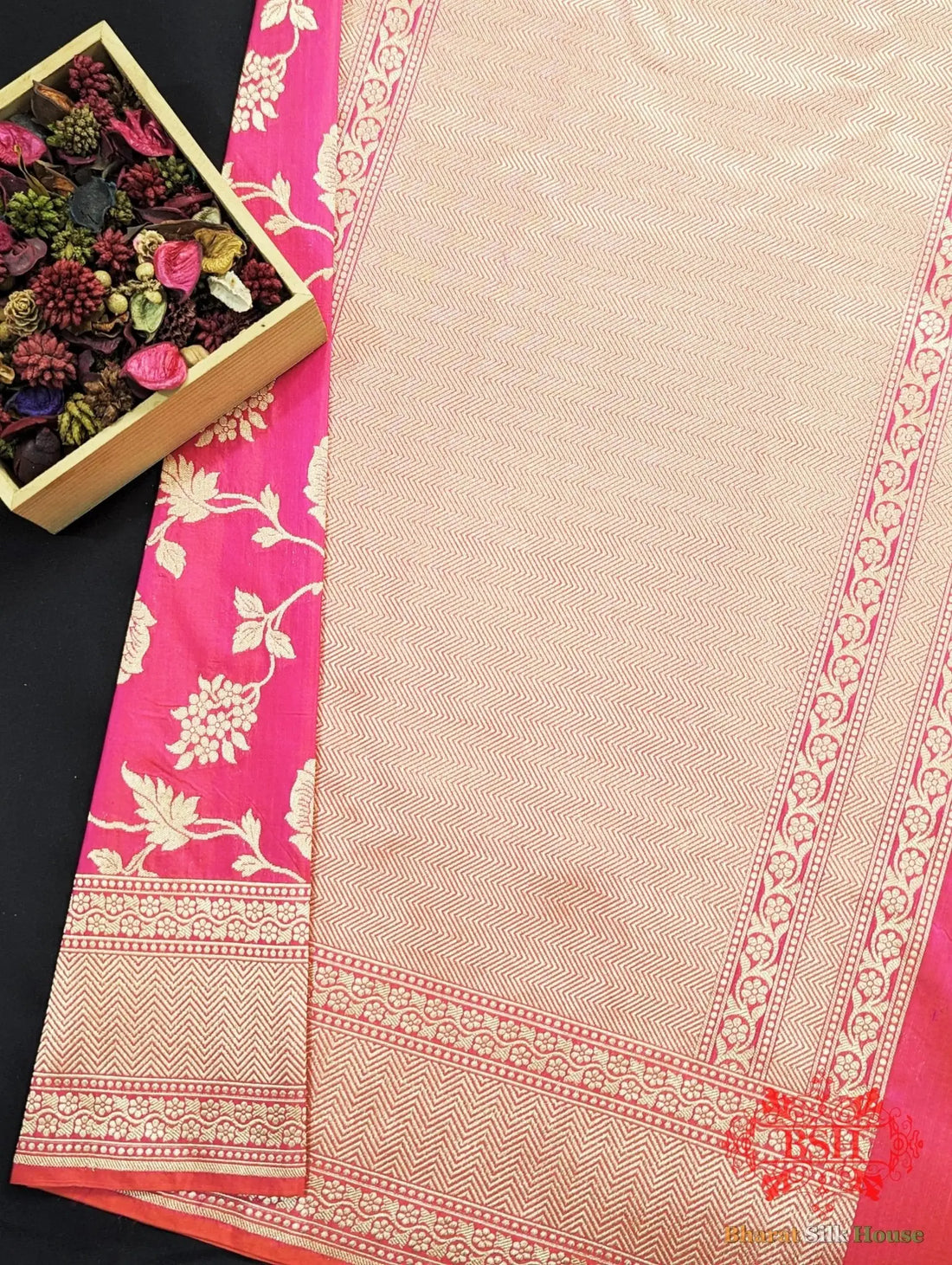 Handloom Banarasi Pure Katan Silk Floral Jaal Saree In Shades Of Rani/Orange Cross Color - Bharat Silk House Pure Kataan Silk