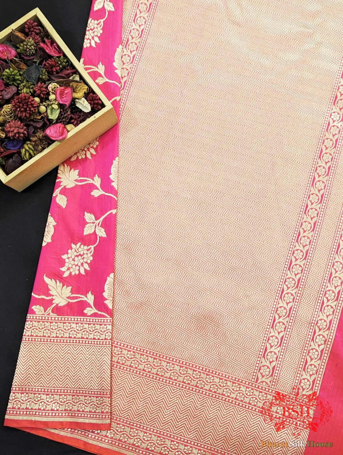 Handloom Banarasi Pure Katan Silk Floral Jaal Saree In Shades Of Rani/Orange Cross Color - Bharat Silk House Pure Kataan Silk