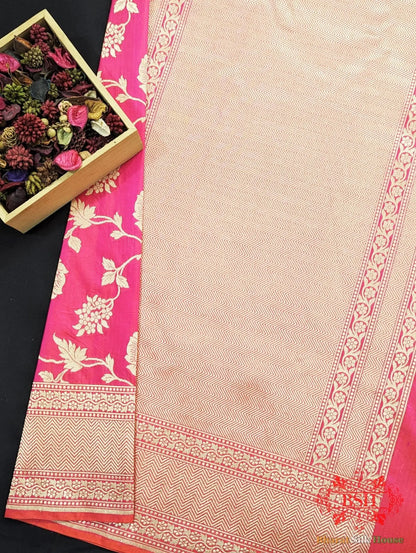 Handloom Banarasi Pure Katan Silk Floral Jaal Saree In Shades Of Rani/Orange Cross Color - Bharat Silk House Pure Kataan Silk