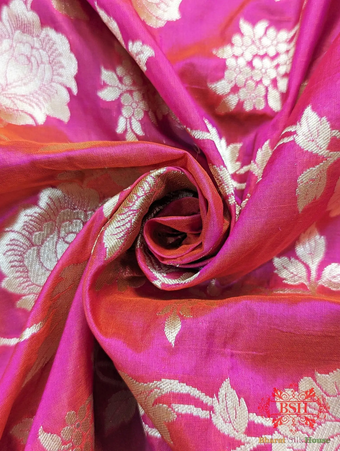 Handloom Banarasi Pure Katan Silk Floral Jaal Saree In Shades Of Rani/Orange Cross Color - Bharat Silk House Pure Kataan Silk