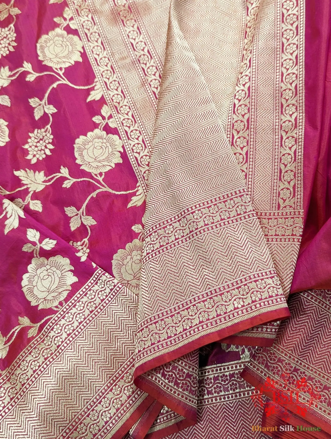 Handloom Banarasi Pure Katan Silk Floral Jaal Saree In Shades Of Rani/Orange Cross Color - Bharat Silk House Pure Kataan Silk