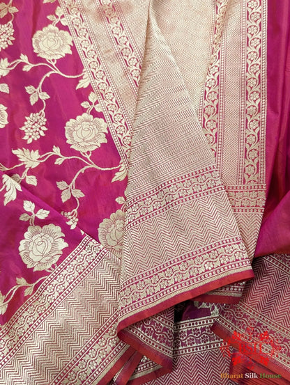 Handloom Banarasi Pure Katan Silk Floral Jaal Saree In Shades Of Rani/Orange Cross Color - Bharat Silk House Pure Kataan Silk