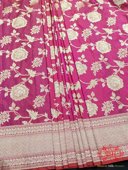 Handloom Banarasi Pure Katan Silk Floral Jaal Saree In Shades Of Rani/Orange Cross Color - Bharat Silk House Pure Kataan Silk