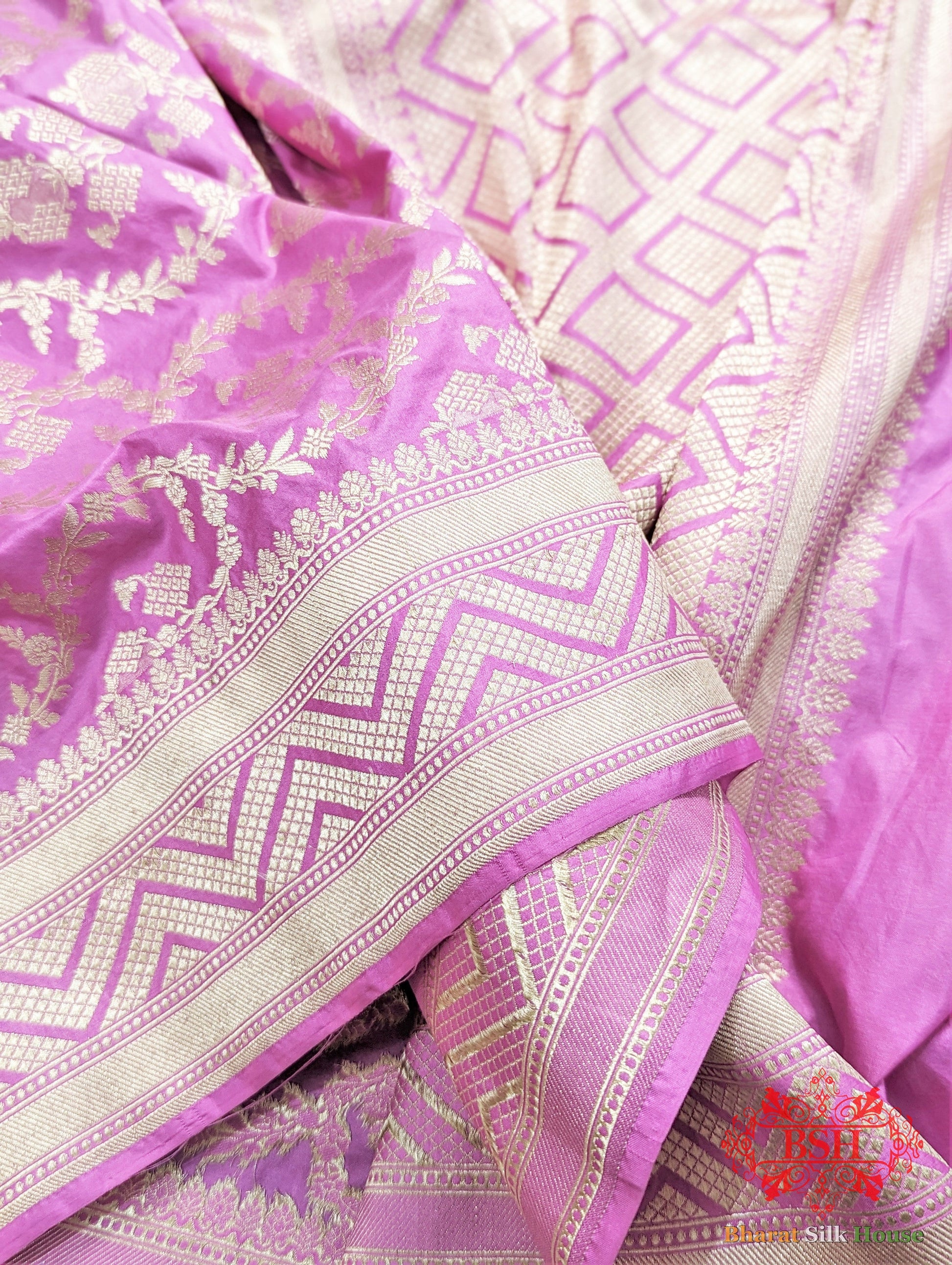Handloom Banarasi Pure Katan Silk Floral Jaal Saree In Shades Of Violet - Bharat Silk House