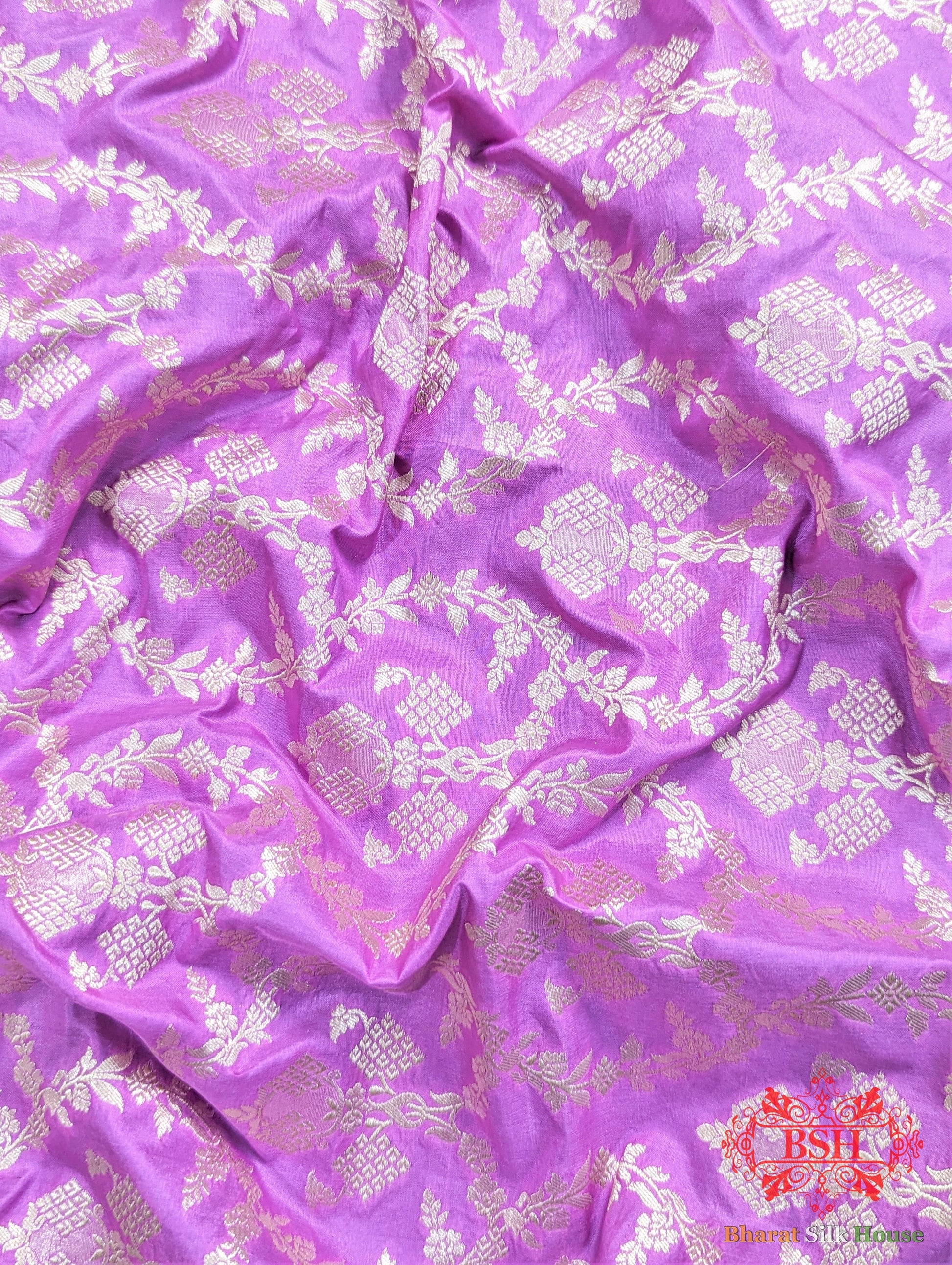 Handloom Banarasi Pure Katan Silk Floral Jaal Saree In Shades Of Violet - Bharat Silk House