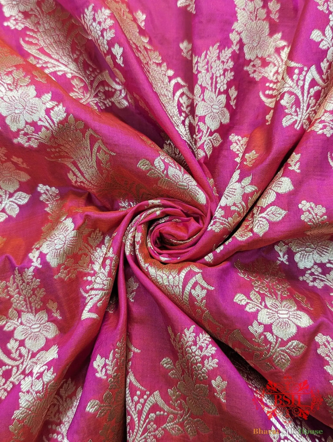 Handloom Banarasi Pure Katan Silk Opara Floral Jaal In Shades Of Rani - Bharat Silk House Pure Kataan Silk