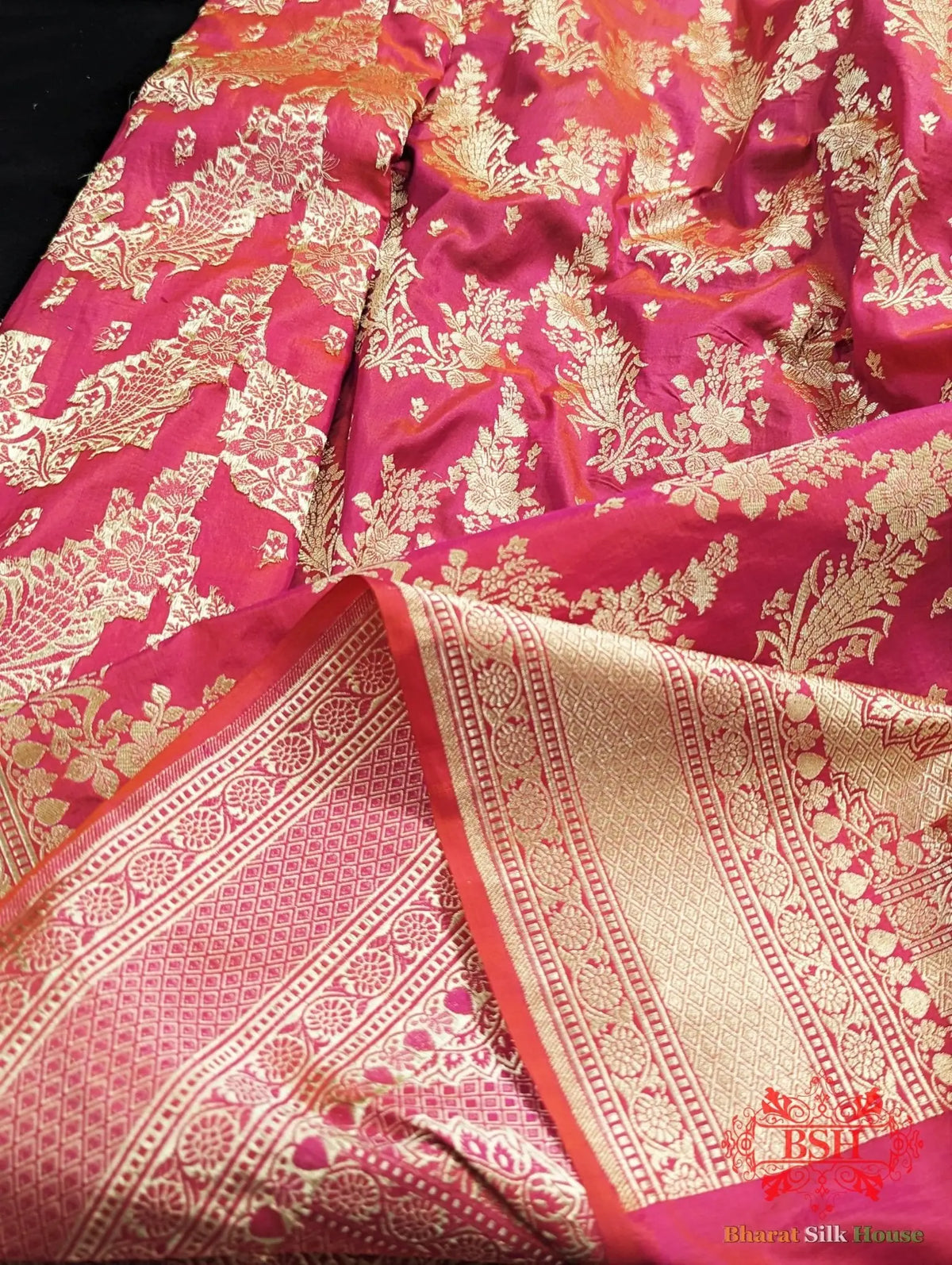 Handloom Banarasi Pure Katan Silk Opara Floral Jaal In Shades Of Rani - Bharat Silk House Pure Kataan Silk