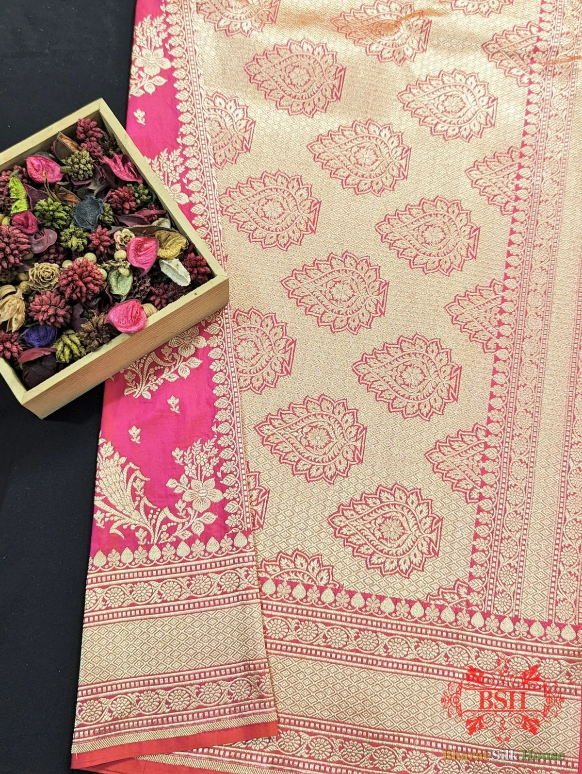 Handloom Banarasi Pure Katan Silk Opara Floral Jaal In Shades Of Rani - Bharat Silk House Pure Kataan Silk