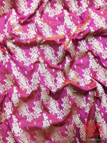 Handloom Banarasi Pure Katan Silk Opara Floral Jaal In Shades Of Rani - Bharat Silk House Pure Kataan Silk