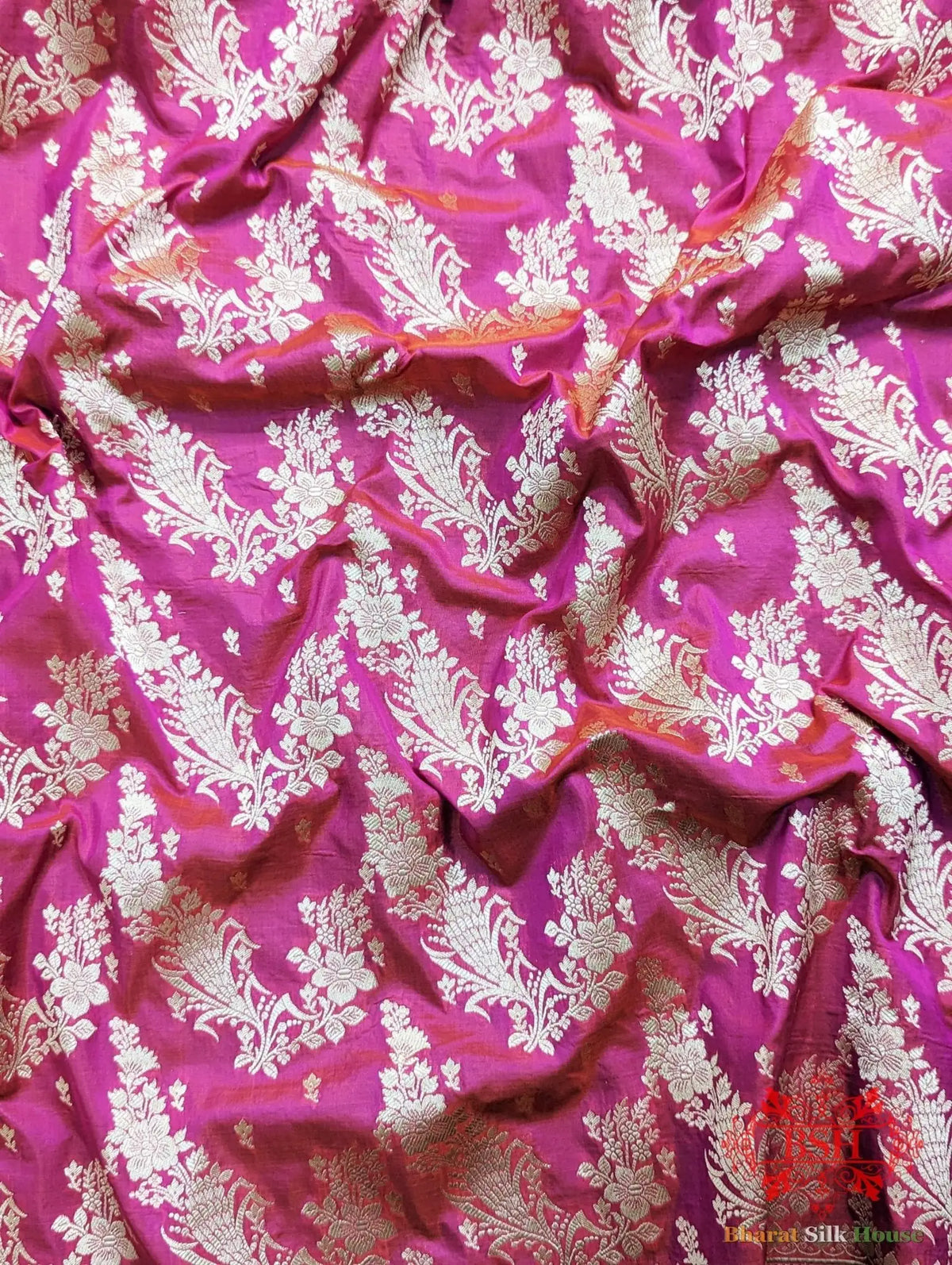 Handloom Banarasi Pure Katan Silk Opara Floral Jaal In Shades Of Rani - Bharat Silk House Pure Kataan Silk