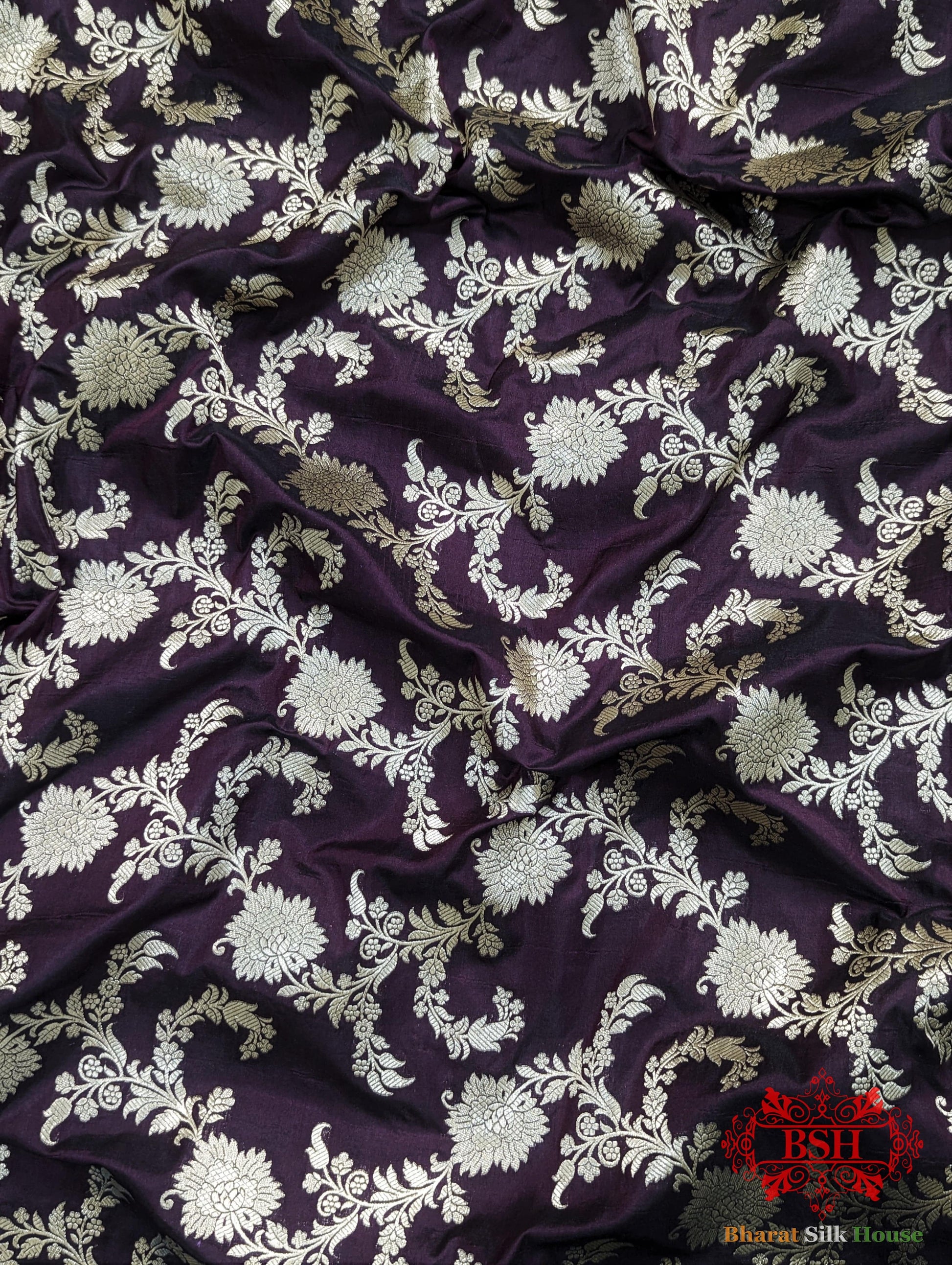 Handloom Banarasi Pure Katan Silk Opara Saree With Floral Jaal In Shades Of Garnet - Bharat Silk House