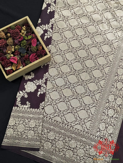Handloom Banarasi Pure Katan Silk Opara Saree With Floral Jaal In Shades Of Garnet - Bharat Silk House Pure Kataan Silk