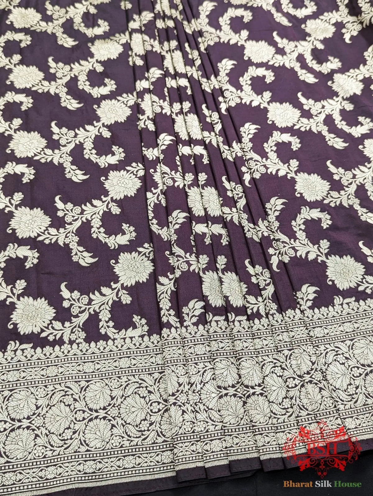Handloom Banarasi Pure Katan Silk Opara Saree With Floral Jaal In Shades Of Garnet - Bharat Silk House Pure Kataan Silk