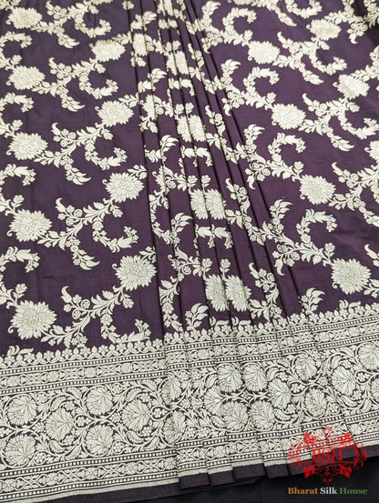 Handloom Banarasi Pure Katan Silk Opara Saree With Floral Jaal In Shades Of Garnet - Bharat Silk House Pure Kataan Silk