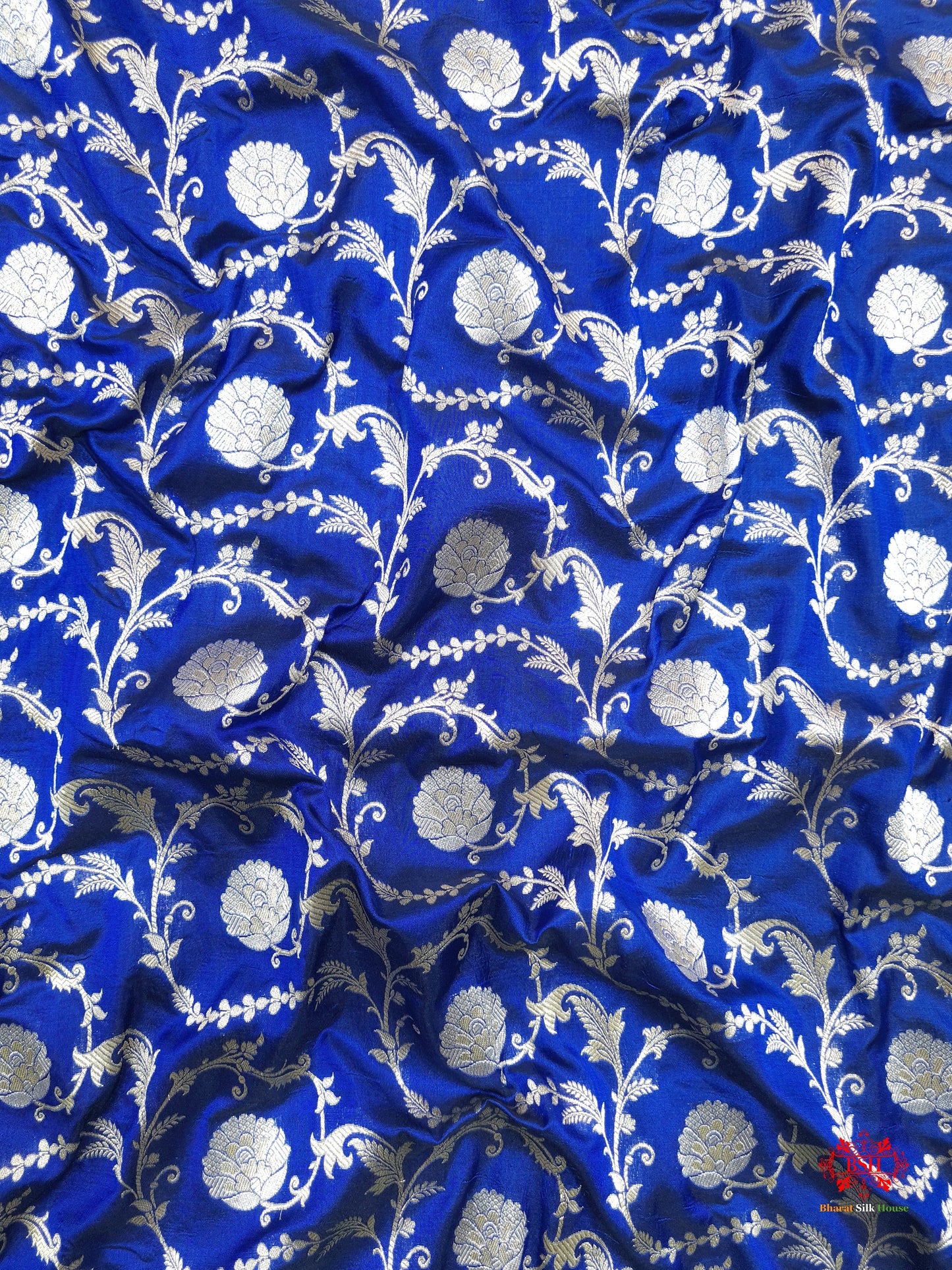Handloom Banarasi Pure Katan Silk Opara Sona Rupa Dual Zari Saree Floral Jaal In Shades Of Blue - Bharat Silk House